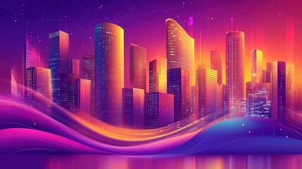 Vibrant Cityscape at Night Illuminated Towers and Skyscrapers