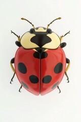 A small red and black ladybug sits on a white surface, its body glistening in the light