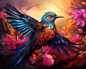 Obraz premium Vibrant multicolored bird in flight amidst blooming flowers.