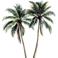 Two palm trees standing side by side in a garden or landscape setting