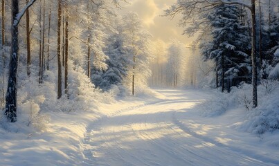 Obraz premium Winter Scene of a Forest Road Winding Through a Blanket of Snow and Frosted Pines