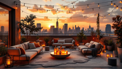 Rooftop patio with a city skyline in the background, lit by string lights and candles, creating a warm and inviting atmosphere.