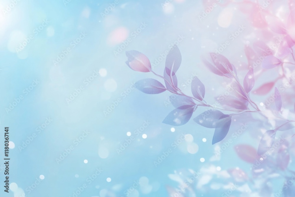 Poster A blurred bokeh effect on a pink and blue background with leaves, suitable for use in design or photography projects