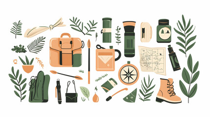 Flat lay of colorful camping and hiking gear, botanical elements,  outdoor adventure supplies.