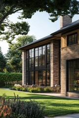 Modern residential architecture featuring expansive windows and a warm brick facade in a tranquil garden setting under clear skies