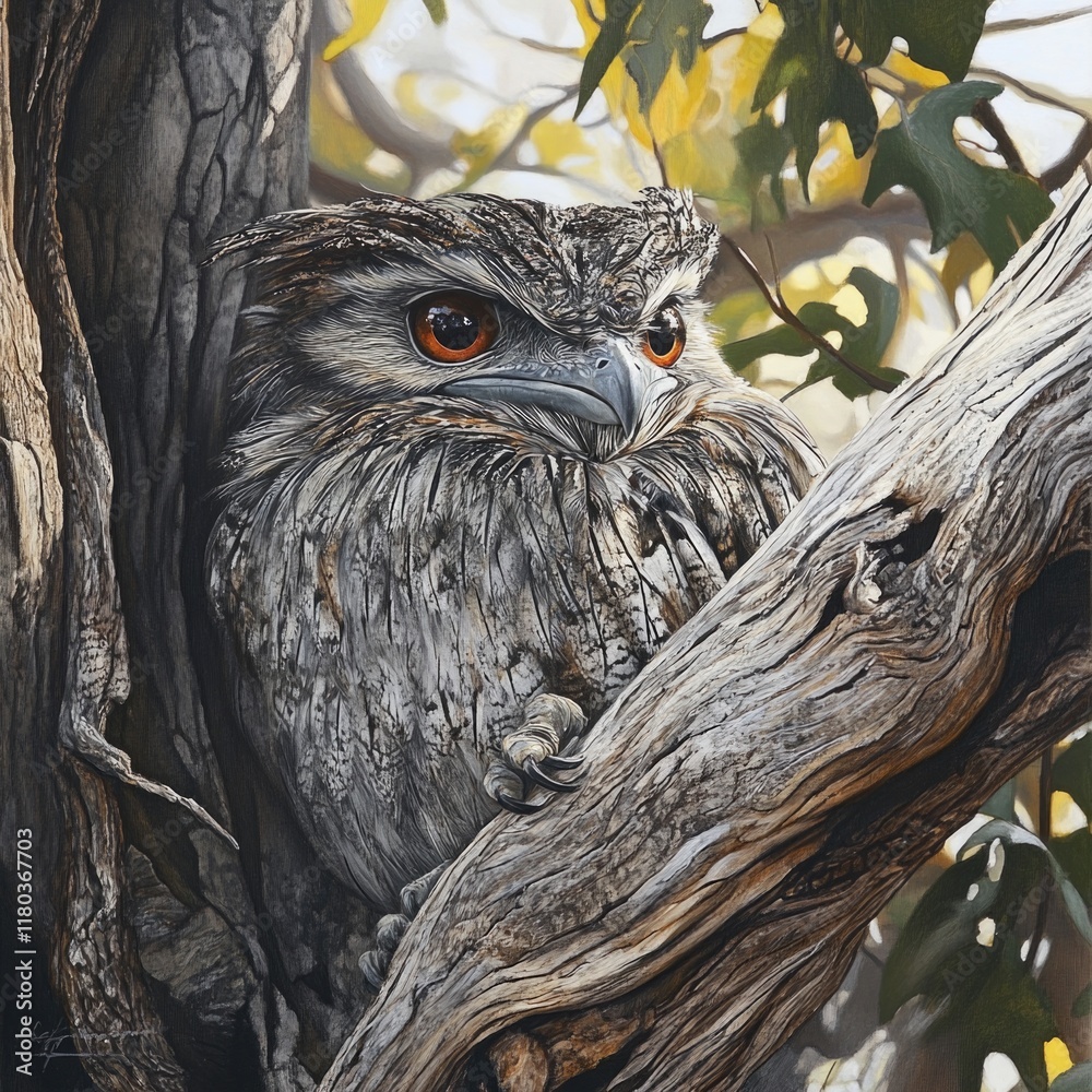 Poster a picture of an owl perched in a tree branch, looking out at the viewer