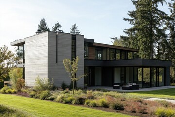 Obraz premium Modern architectural design featuring a sleek house surrounded by lush greenery in a serene outdoor setting during daylight hours