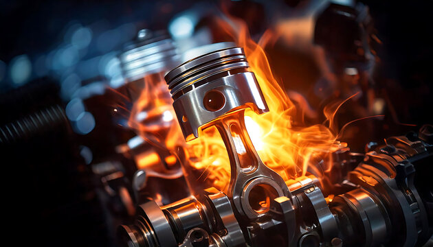 Dramatic close-up of a piston and connecting rod engulfed in flames, showcasing the intense power and heat of an internal combustion engine.