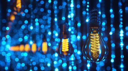 Creative light bulb illuminating a digitally inspired background of data and technology