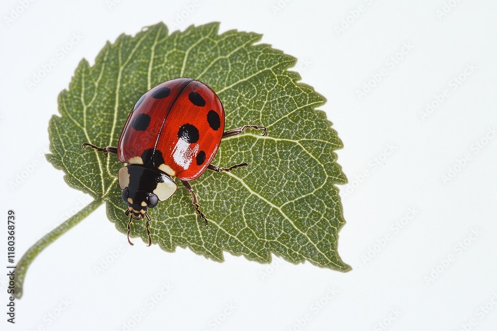 Poster a ladybug sits on the edge of a green leaf, its shiny exoskeleton and black spots standing out again