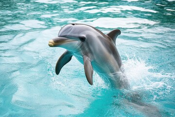 Obraz premium A dolphin leaps out of the ocean's surface, capturing a moment of playfulness and freedom