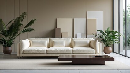 A sleek and contemporary living room featuring clean lines, modern furniture, and a minimalist color palette, creating an inviting, stylish space that blends comfort with sophisticated design elements