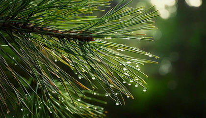 Close-up of pine needles glistening with dew drops.  Perfect for nature, tranquility, and freshness themes. Ideal for websites, blogs, and print designs. Evokes serenity and natural beauty.