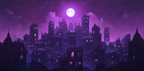 Purple Cityscape Underneath a Full Moon at Night