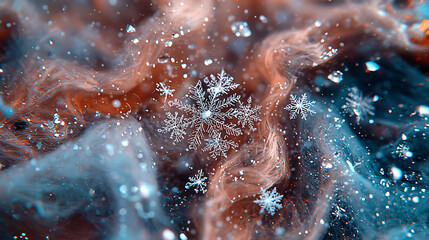 Delicate snowflakes rest on colorful, textured surface, creating mesmerizing winter scene