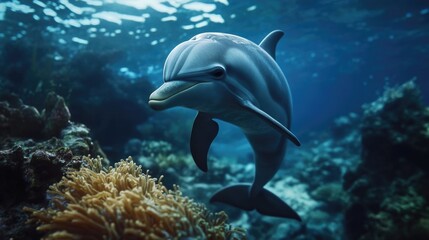 Fototapeta premium A dolphin swims in the ocean near a coral reef, perfect for underwater or marine-themed images