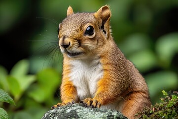 Fototapeta premium A close-up view of a squirrel sitting on a rock, looking out at the viewer