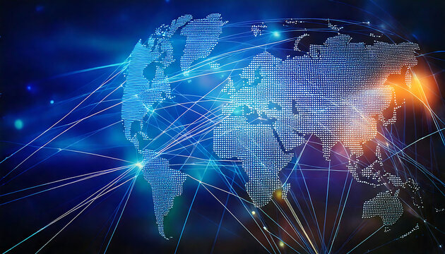Stunning abstract depiction of global network connectivity.  A world map rendered in glowing pixels, interconnected by luminous lines, symbolizing global communication, technology, and data flow.
