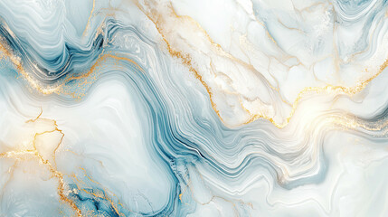 Obraz premium Blue and white marbled texture with delicate gold highlights, realistic stone layers, intricate swirling patterns, glowing accents 