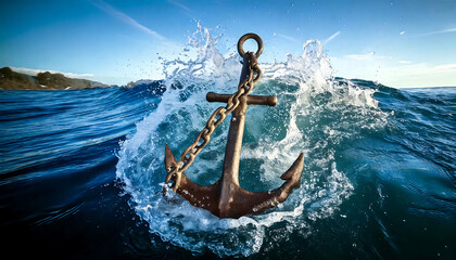 A rusty anchor with chain emerges from ocean waves, creating a dynamic splash.  The vibrant blue water and clear sky provide a striking backdrop.