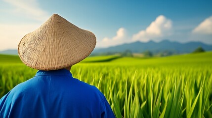 A farmer stands in a lush green rice field wearing a straw hat, with mountains and blue sky in the background.