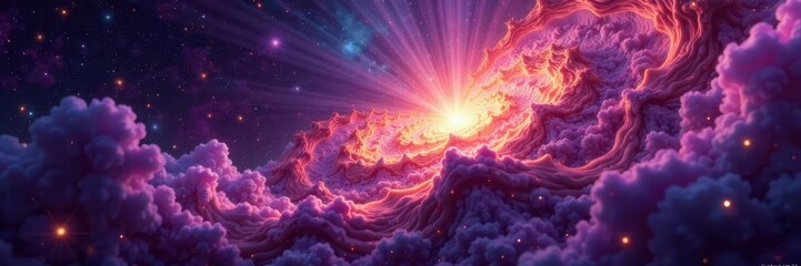 Swirling deep purple and copper fractal nebula; cosmic energy pulses , astronomical phenomena, fractal