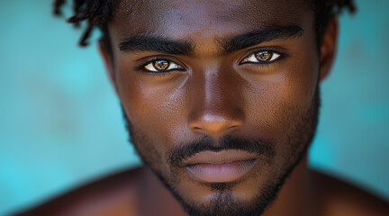 a handsome 28 year old man, of African ethnic origin, with dark skin, no freckles, very short frizzy hair