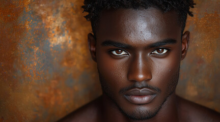 a handsome 28 year old man, of African ethnic origin, with dark skin, no freckles, very short frizzy hair