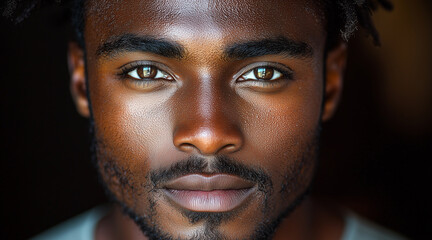 a handsome 28 year old man, of African ethnic origin, with dark skin, no freckles, very short frizzy hair