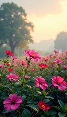 Fototapeta premium Vibrant blooms against a misty English morning sky, floral, english park, blooming