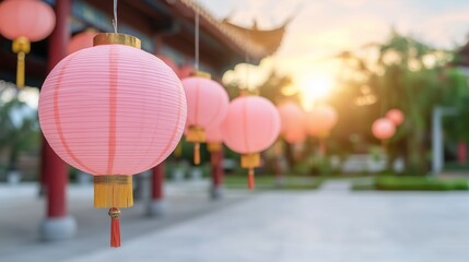 Fototapeta premium Tranquil traditional chinese temple with lanterns at sunset, perfect for cultural and festive designs