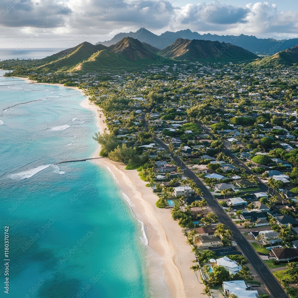 Poster Aerial view of a beach with buildings in the background, suitable for use as a background or planning image