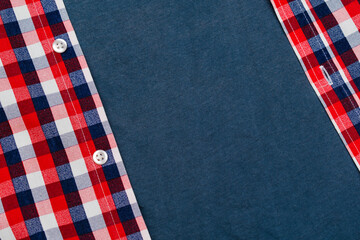 Classic men's casual checkered polo shirt with t-shirt close up with buttoned collar neck, red blue...