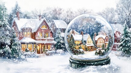 Snowy Christmas village in a glass globe, snowfall, cozy houses