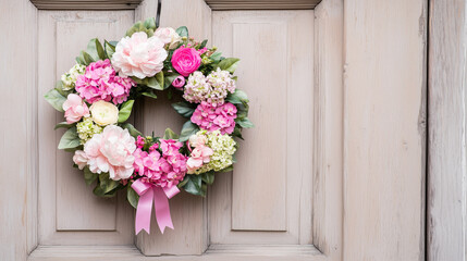 Fototapeta premium Vibrant floral wreath with fresh blooms on rustic wooden door for spring decor