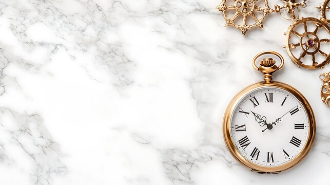 Antique pocket watch with Roman numerals on marble surface, showcasing elegance and timelessness
