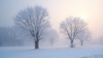 Obraz premium Frost-covered trees under soft dawn light. Intricate ice crystals sparkle on branches, contrasting with a snowy ground and pale sky. A serene, ethereal winter landscape unfolds.