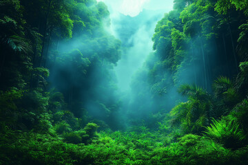 Fototapeta premium Photo réaliste d’une jungle tropicale brumeuse avec une atmosphère éthérée