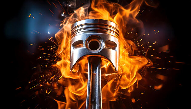 Dramatic close-up of a piston engulfed in flames and sparks against a dark background.  Perfect for automotive, industrial, or power-related projects needing a high-impact, intense visual.