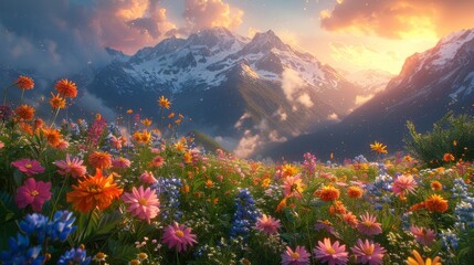 windswept alpine meadow at sunrise, with wildflowers blooming in vibrant colors