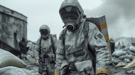 Fototapeta premium survivors constructing a makeshift radiation shield using stacked lead panels
