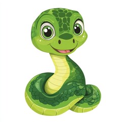 Fototapeta premium A cartoon green snake is sitting on the ground, a simple and colorful illustration