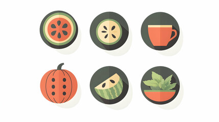 Flat design icons of watermelon, pumpkin, and tea cup.