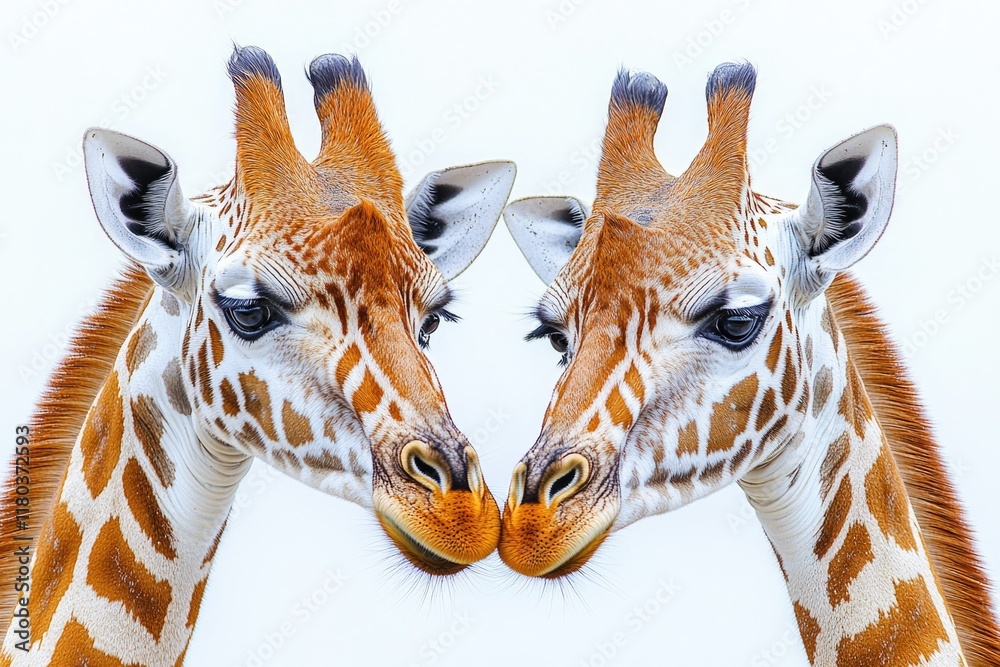 Poster two giraffes standing side by side, possibly in a zoo or wildlife setting