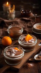 Glass jars of layered desserts garnished with chocolate, presented on a wooden board, paired with fresh oranges and sprinkled sugar, creating a delicious and appetizing rustic culinary presentation.

