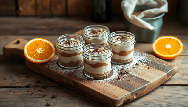 Glass jars of layered desserts garnished with chocolate, presented on a wooden board, paired with fresh oranges and sprinkled sugar, creating a delicious and appetizing rustic culinary presentation.

