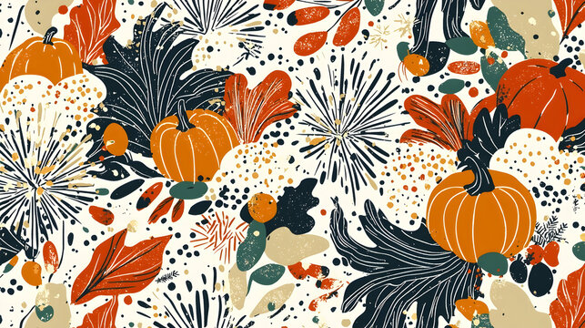Autumn pumpkins and leaves seamless pattern, abstract floral background.
