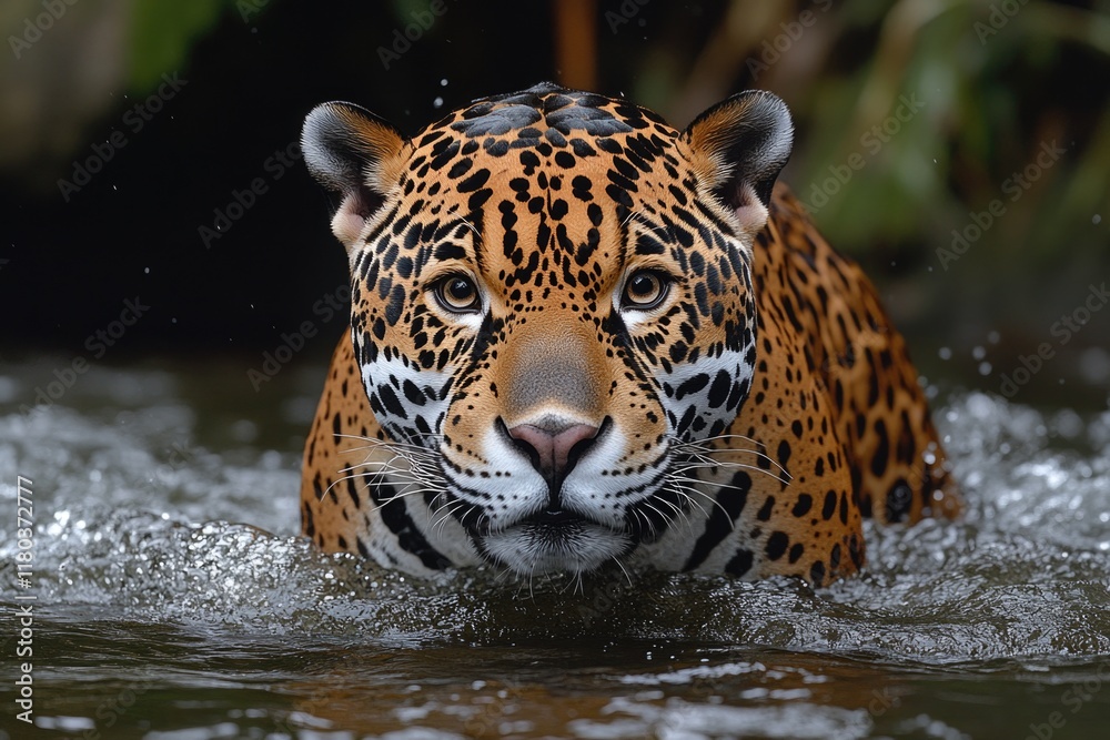 Poster a close-up view of a jaguar's face submerged in water, with its eyes open