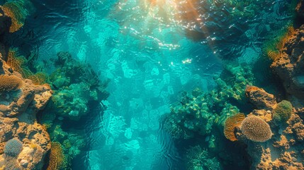 Obraz premium coral reef seen through waters. Small, colorful fish dart 