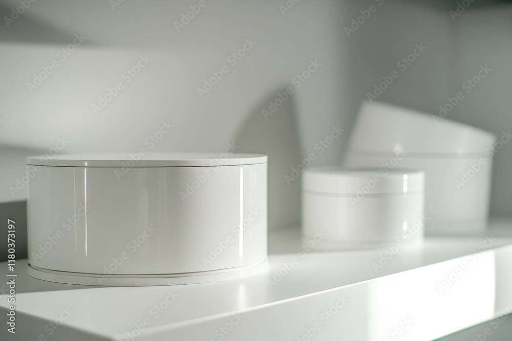 Poster a pair of small white boxes sitting on top of a shelf, possibly storage containers or decorative ite